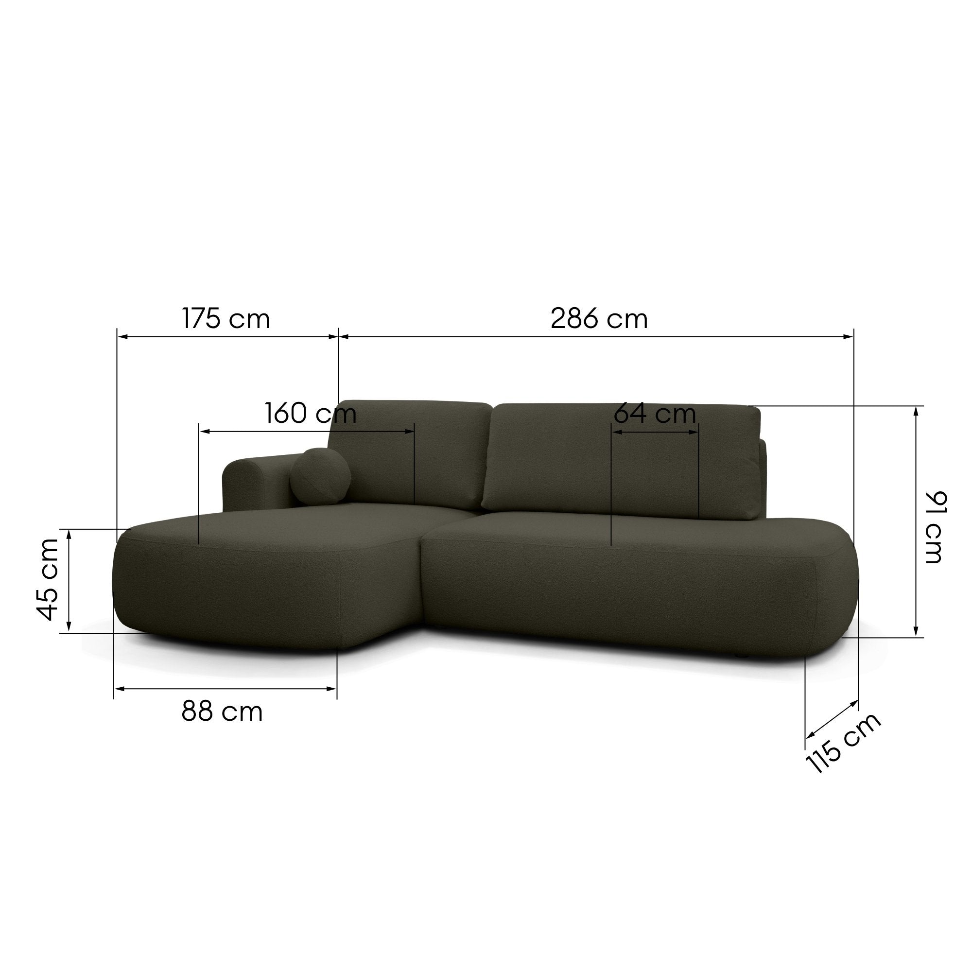 Sofa lova HERMI, tamsiai žalia boucle, kairė