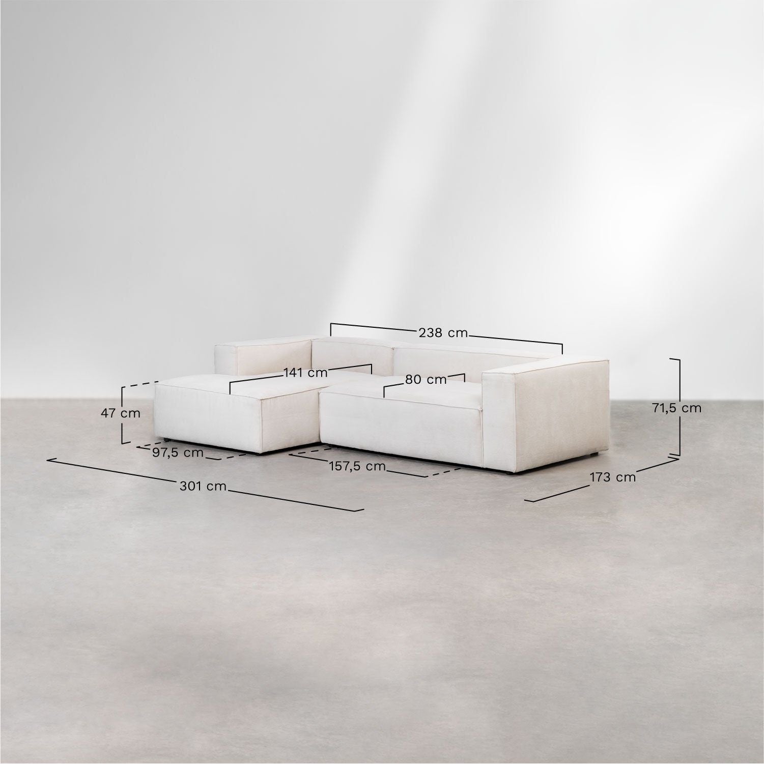 Kampinė sofa ALMA, kairė pusė, beige spalva, 301 cm