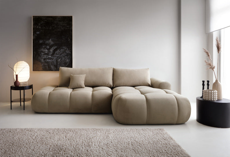 Kampinė sofa OMBO, dešinė pusė, smėlio spalva, aksomas