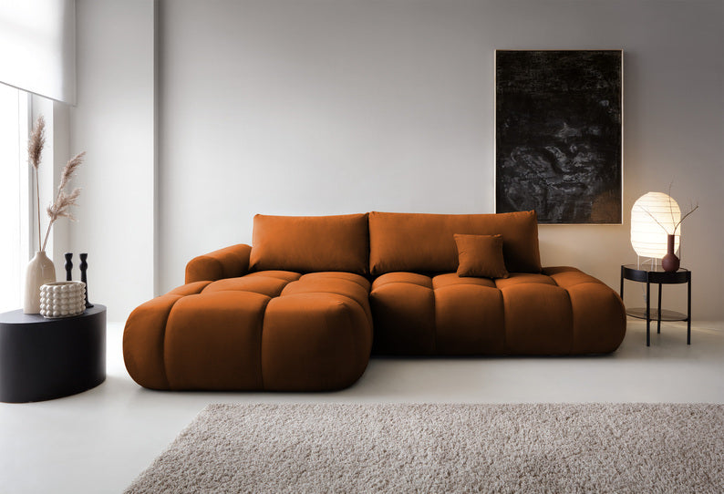 Kampinė sofa OMBO, kairė pusė, vario spalva, aksomas