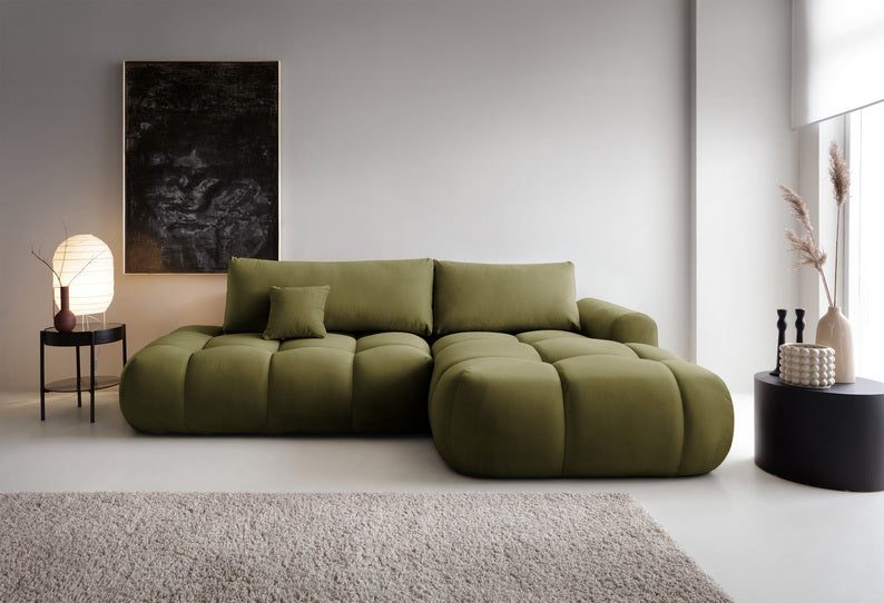 Kampinė sofa OMBO, dešinė pusė, žalia spalva, aksomas