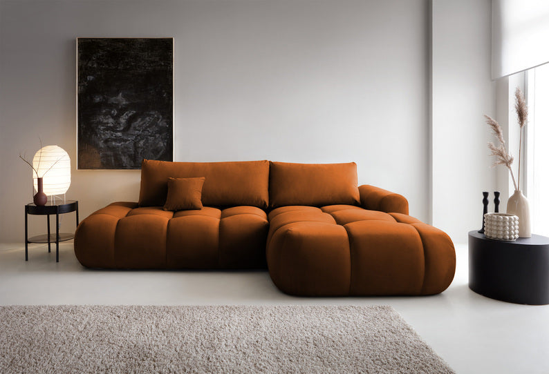 Kampinė sofa OMBO, dešinė pusė, vario spalva, aksomas