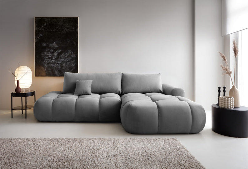 Kampinė sofa OMBO, dešinė pusė, pilka spalva, aksomas