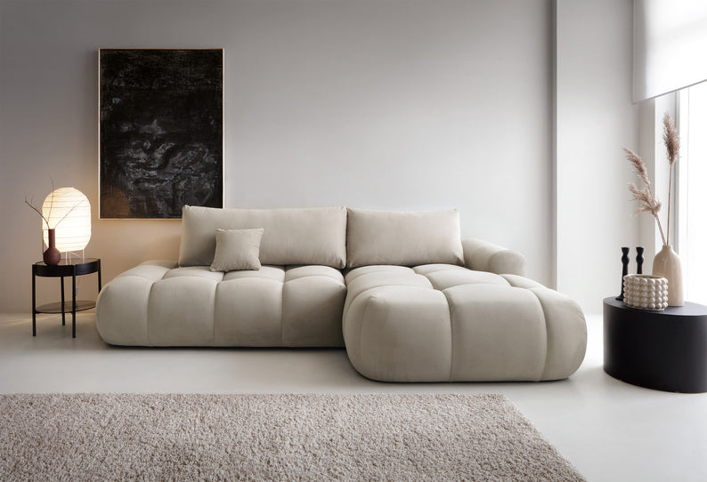 Kampinė sofa OMBO, dešinė pusė, pilkai smėlio spalva, aksomas