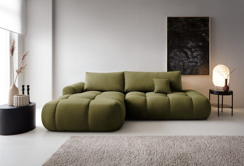 Kampinė sofa OMBO, kairė pusė, žalia spalva, aksomas