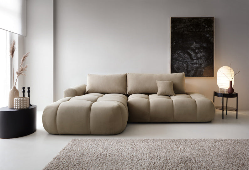 Kampinė sofa OMBO, kairė pusė, smėlio spalva, aksomas