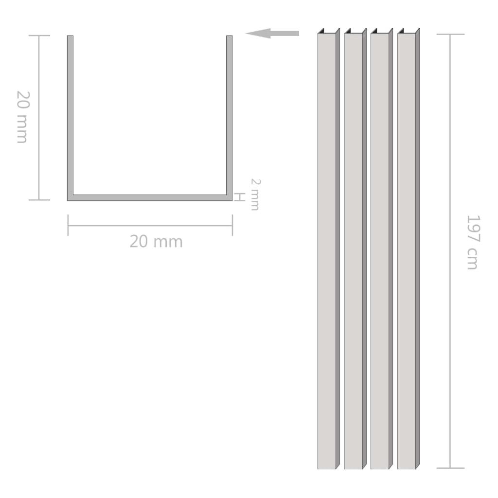 Aliuminio profiliuočiai, 4 vnt., 20x20x2 mm, 2 m, U formos