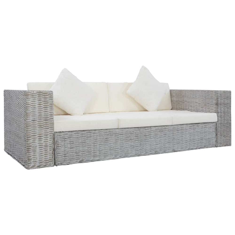 Trivietė sofa su pagalvėlėmis, pilkos spalvos, natūr. ratanas